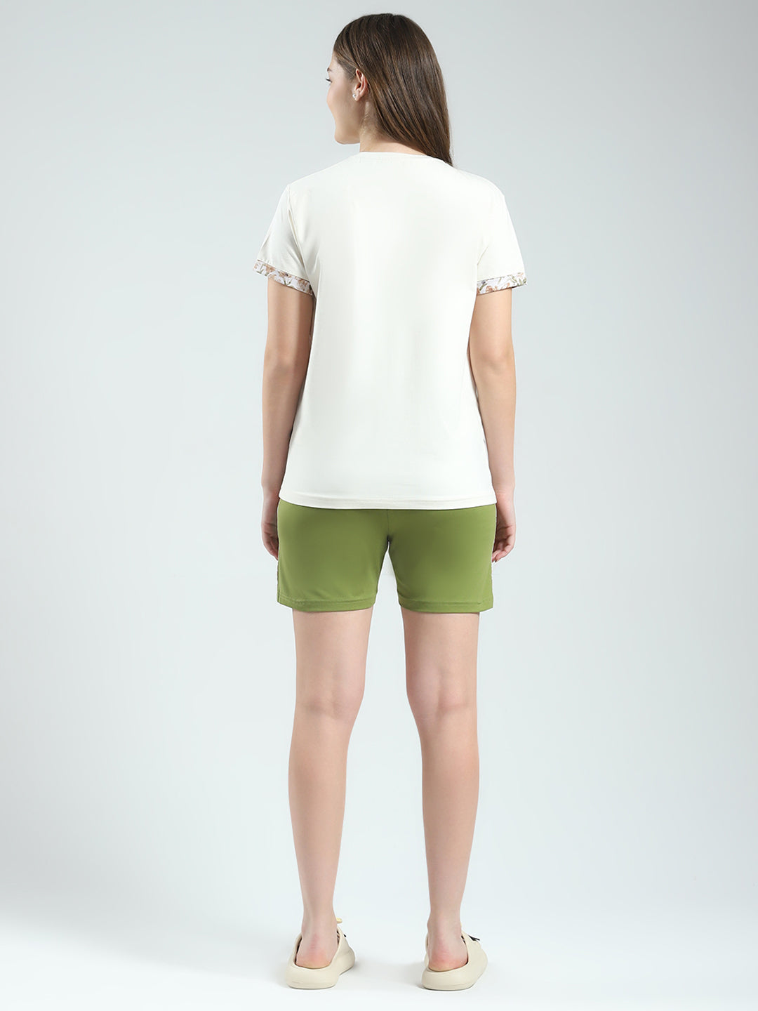 Women Off White Printed Round Neck Half Sleeve Combo 3Pc Set (T-Shirt, Shorts & Lower)