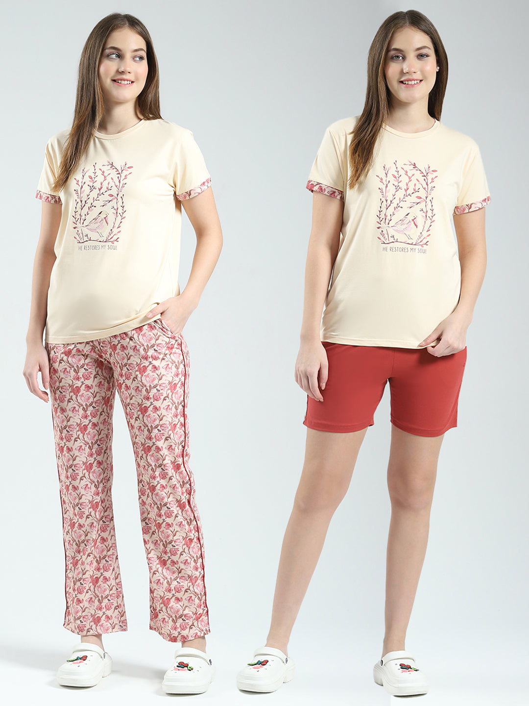 Women Beige Printed Round Neck Half Sleeve Combo 3Pc Set (T-Shirt, Shorts & Lower)