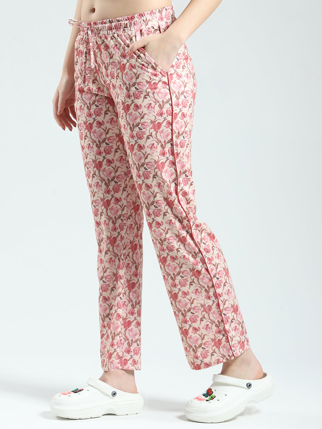 Women Beige Printed Round Neck Half Sleeve Combo 3Pc Set (T-Shirt, Shorts & Lower)