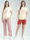 Women Beige Printed Round Neck Half Sleeve Combo 3Pc Set (T-Shirt, Shorts & Lower)