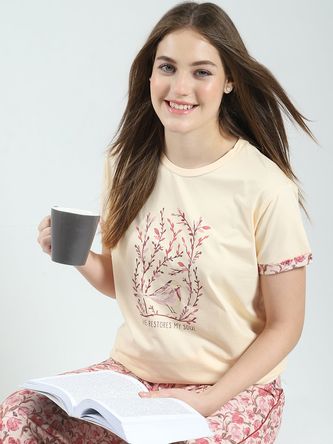 Women Beige Printed Round Neck Half Sleeve Combo 3Pc Set (T-Shirt, Shorts & Lower)