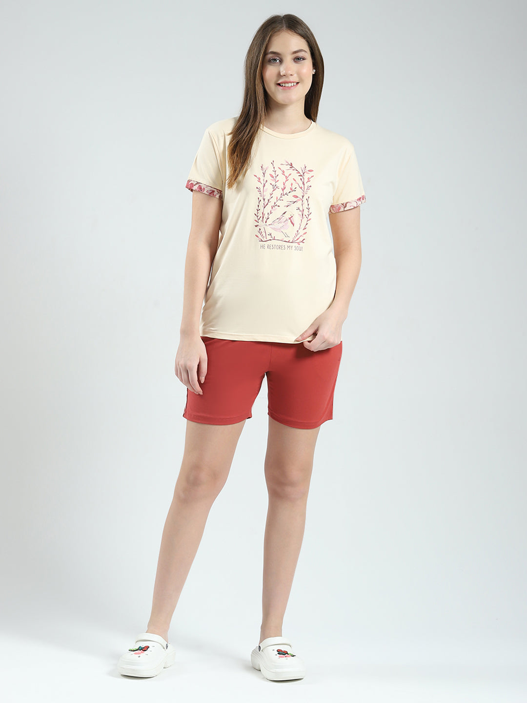 Women Beige Printed Round Neck Half Sleeve Combo 3Pc Set (T-Shirt, Shorts & Lower)