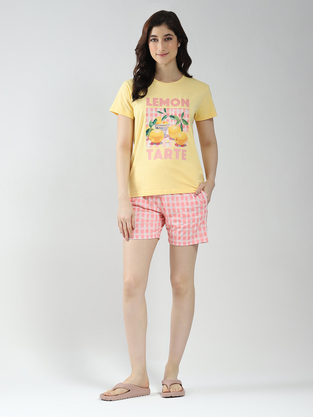 Women Yellow Printed Round Neck Half Sleeve Combo 3Pc Set (T-Shirt, Shorts & Lower)