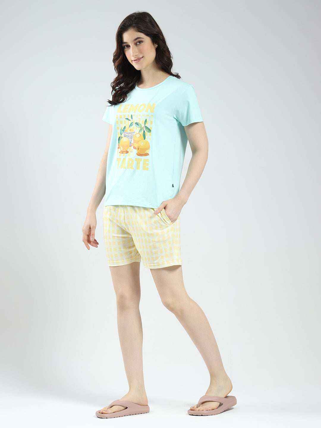 Women Blue Printed Round Neck Half Sleeve Combo 3Pc Set (T-Shirt, Shorts & Lower)