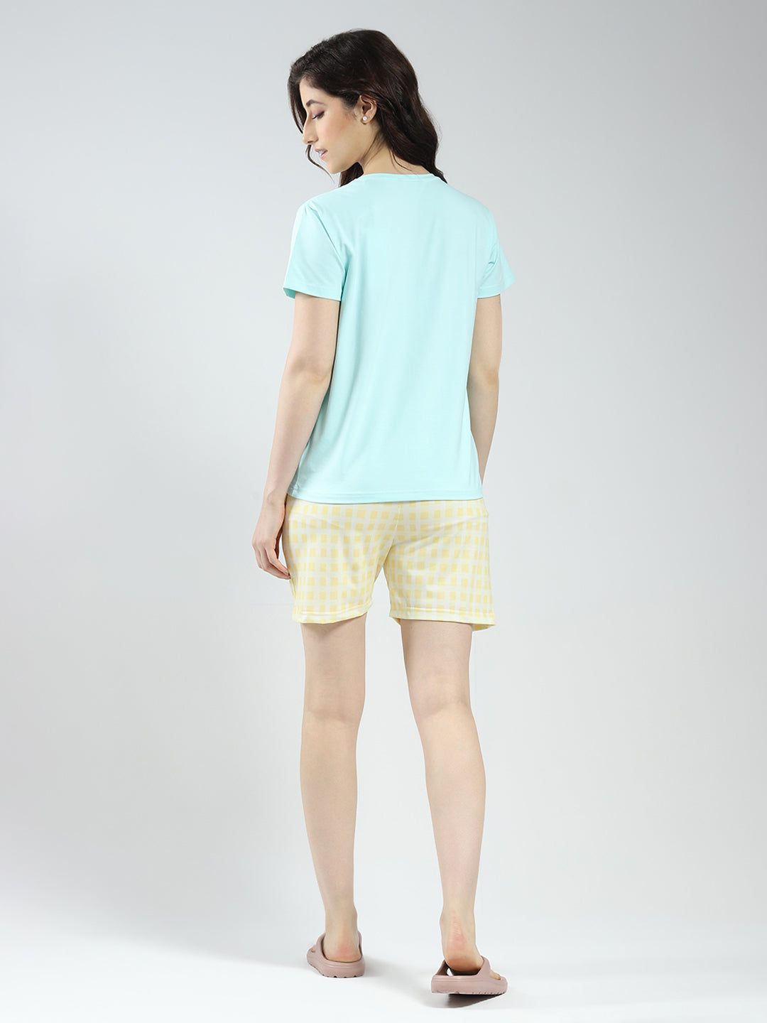 Women Blue Printed Round Neck Half Sleeve Combo 3Pc Set (T-Shirt, Shorts & Lower)