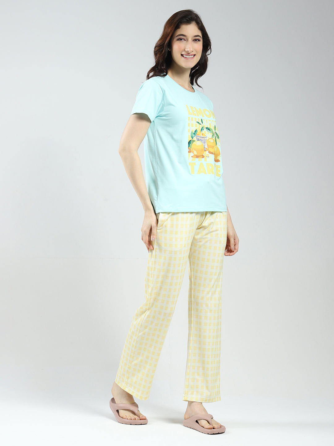 Women Blue Printed Round Neck Half Sleeve Combo 3Pc Set (T-Shirt, Shorts & Lower)