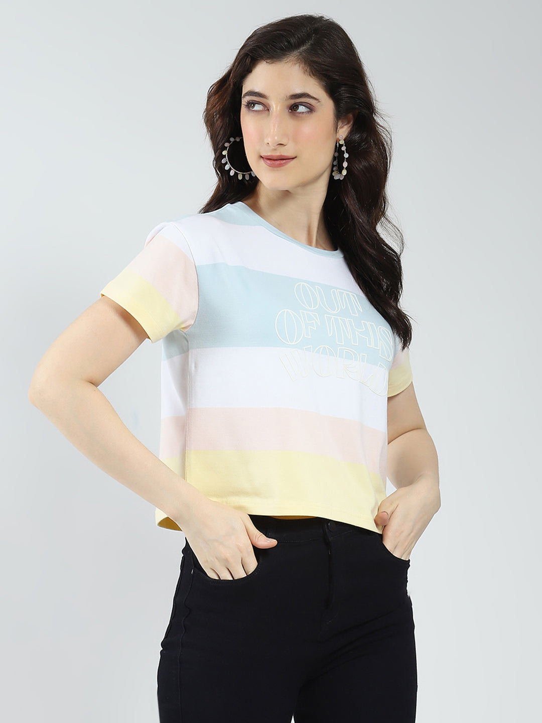 Women White Printed Round Neck Half Sleeve Top