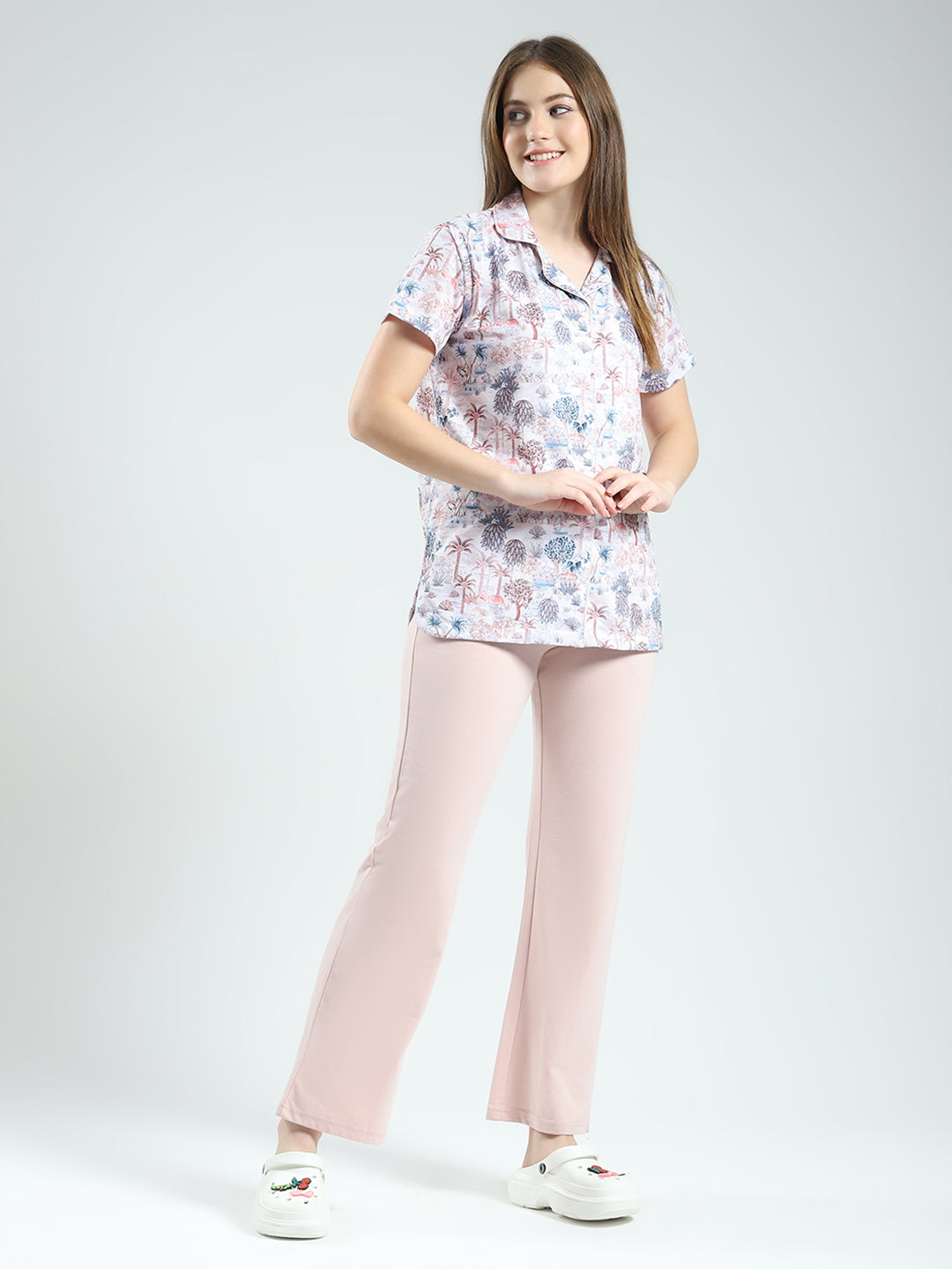 Women Peach Printed Collar Half Sleeve Lower Set