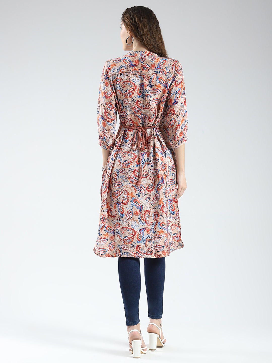 Women Brown Printed Round Neck 3/4th Sleeve Tunic