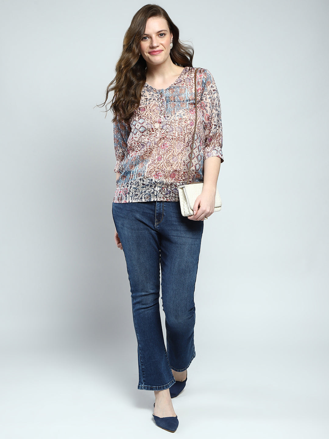 Women Multicolor Printed Round Neck 3/4th Sleeve Top
