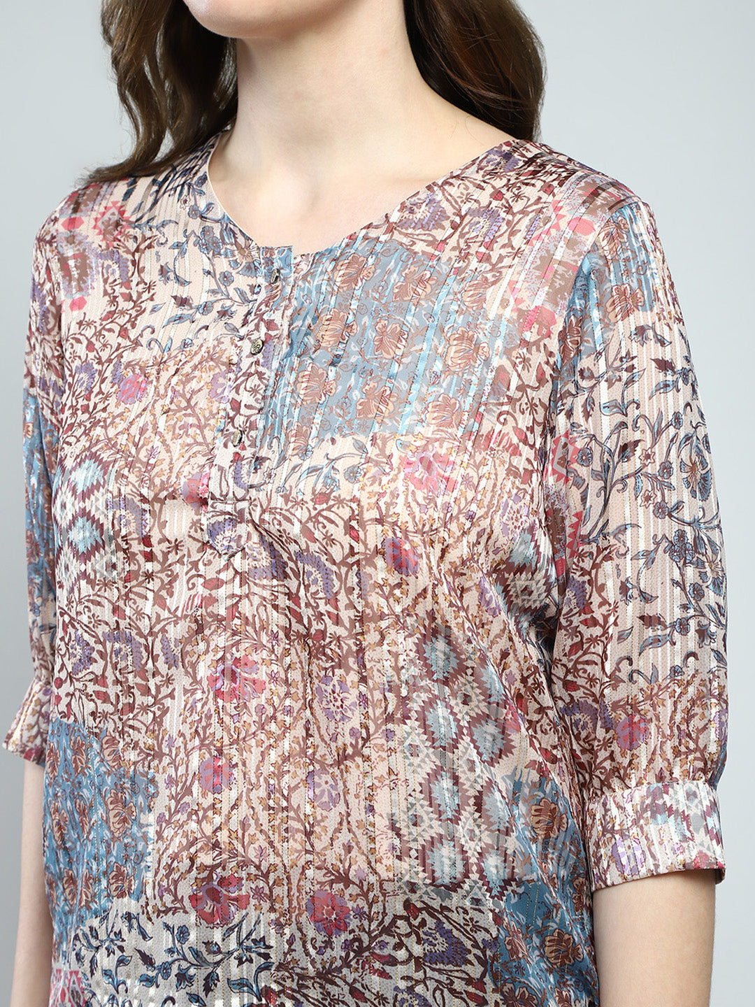 Women Multicolor Printed Round Neck 3/4th Sleeve Top