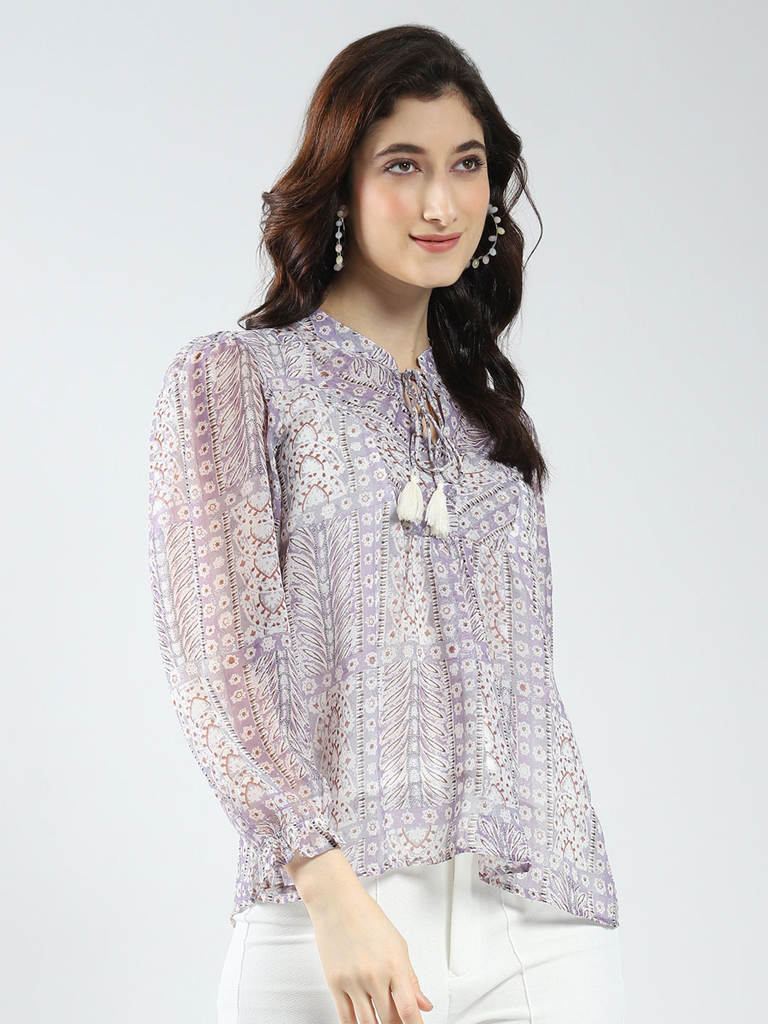 Women Purple Printed Band Neck Full Sleeve Top