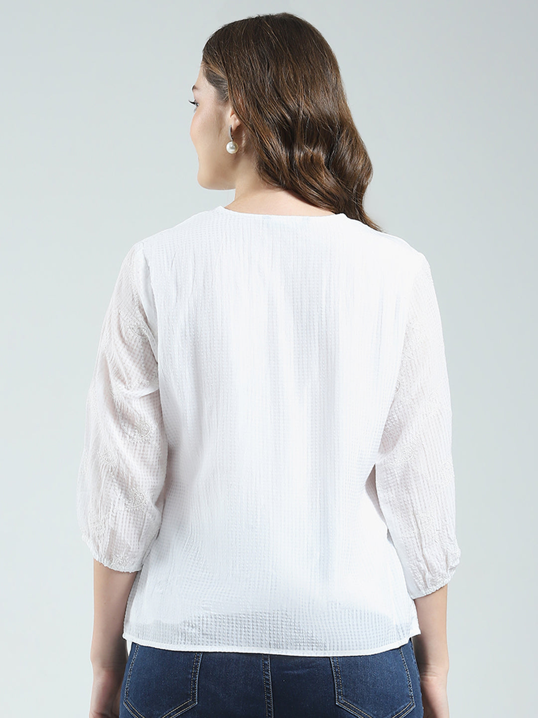 Women White Embroidered Round Neck 3/4th Sleeve Top