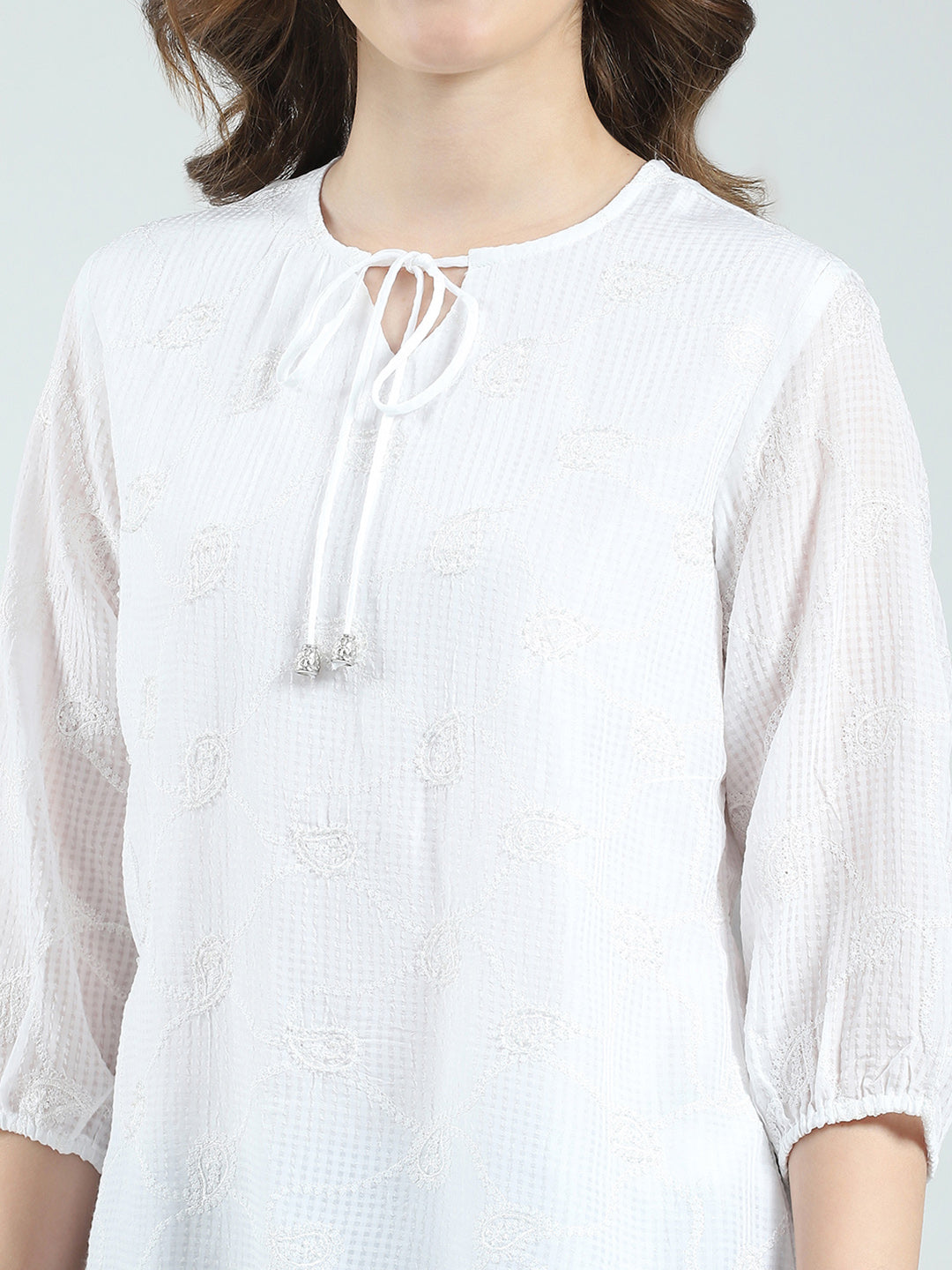 Women White Embroidered Round Neck 3/4th Sleeve Top