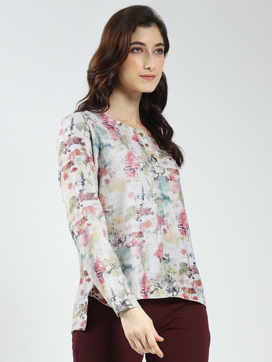 Women Green Printed Round Neck Full Sleeve Top