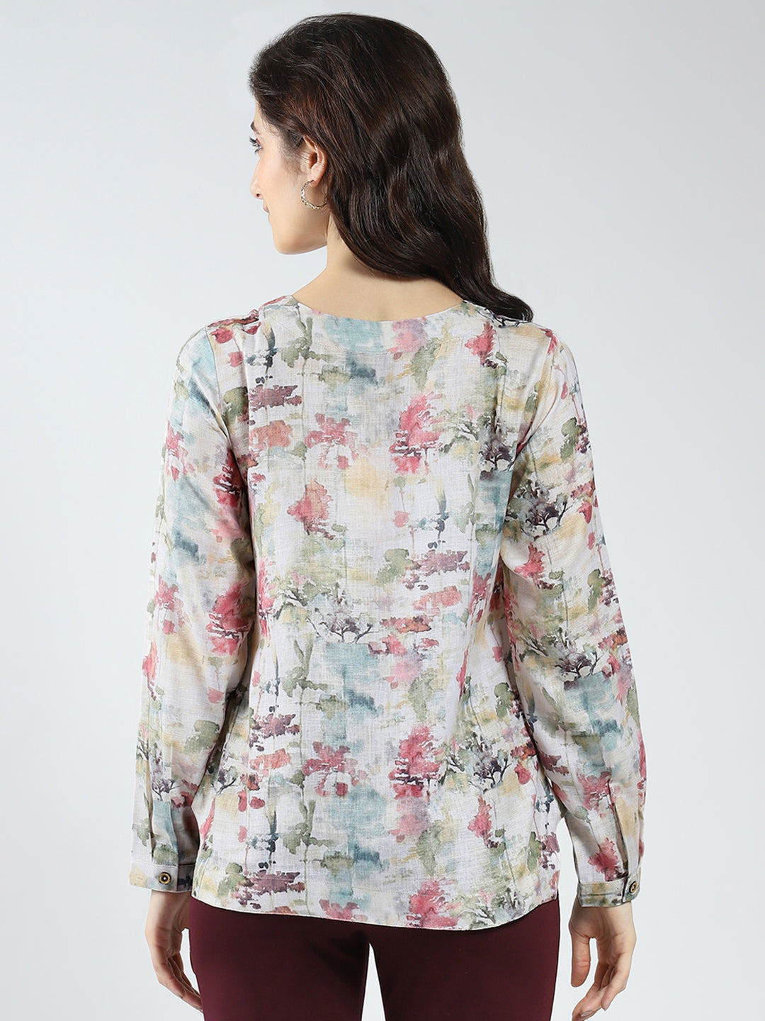 Women Green Printed Round Neck Full Sleeve Top