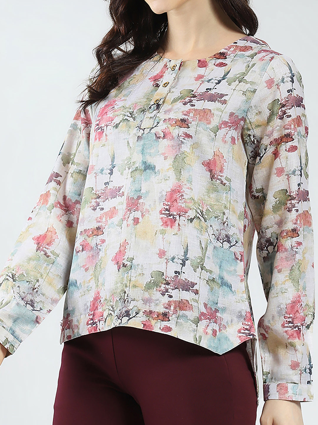 Women Green Printed Round Neck Full Sleeve Top