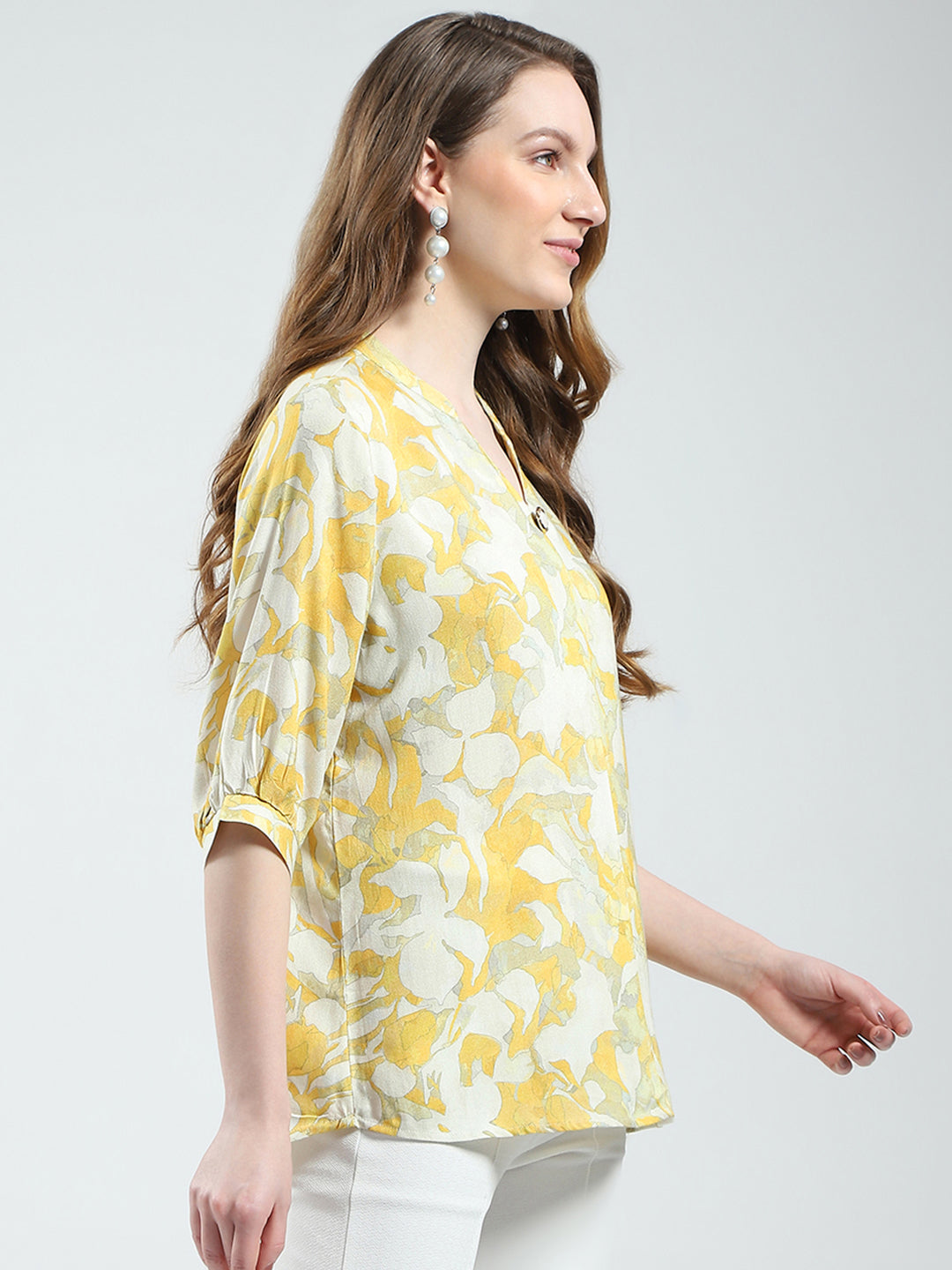 Women Yellow Printed V Neck Half Sleeve Top