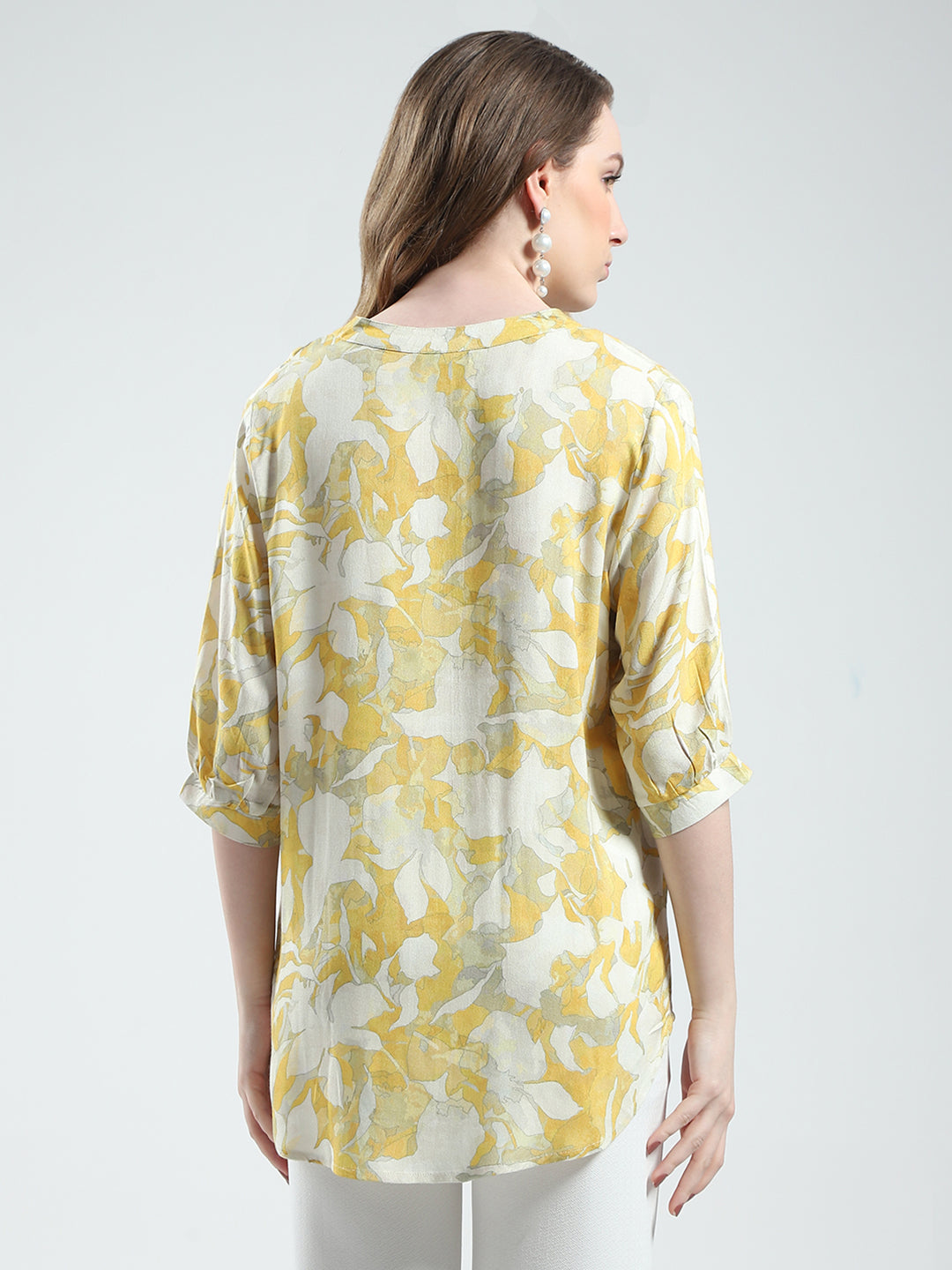 Women Yellow Printed V Neck Half Sleeve Top