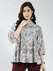 Women Grey Printed Band Neck 3/4th Sleeve Top