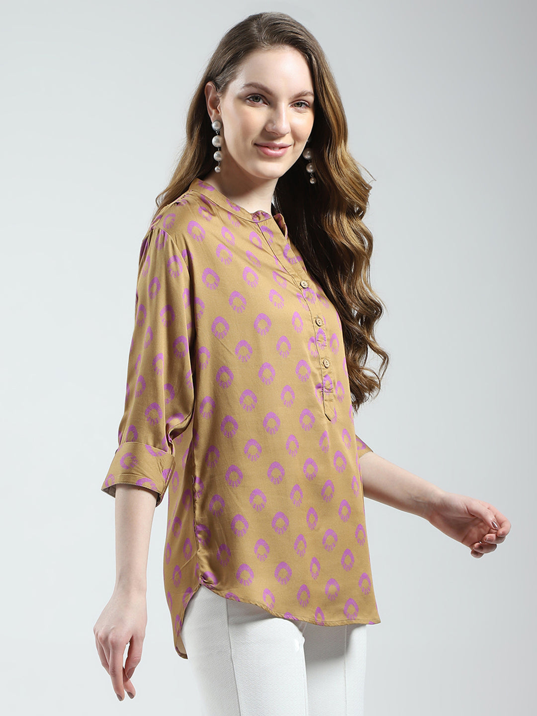 Women Khaki Printed Band Collar 3/4th Sleeve Top