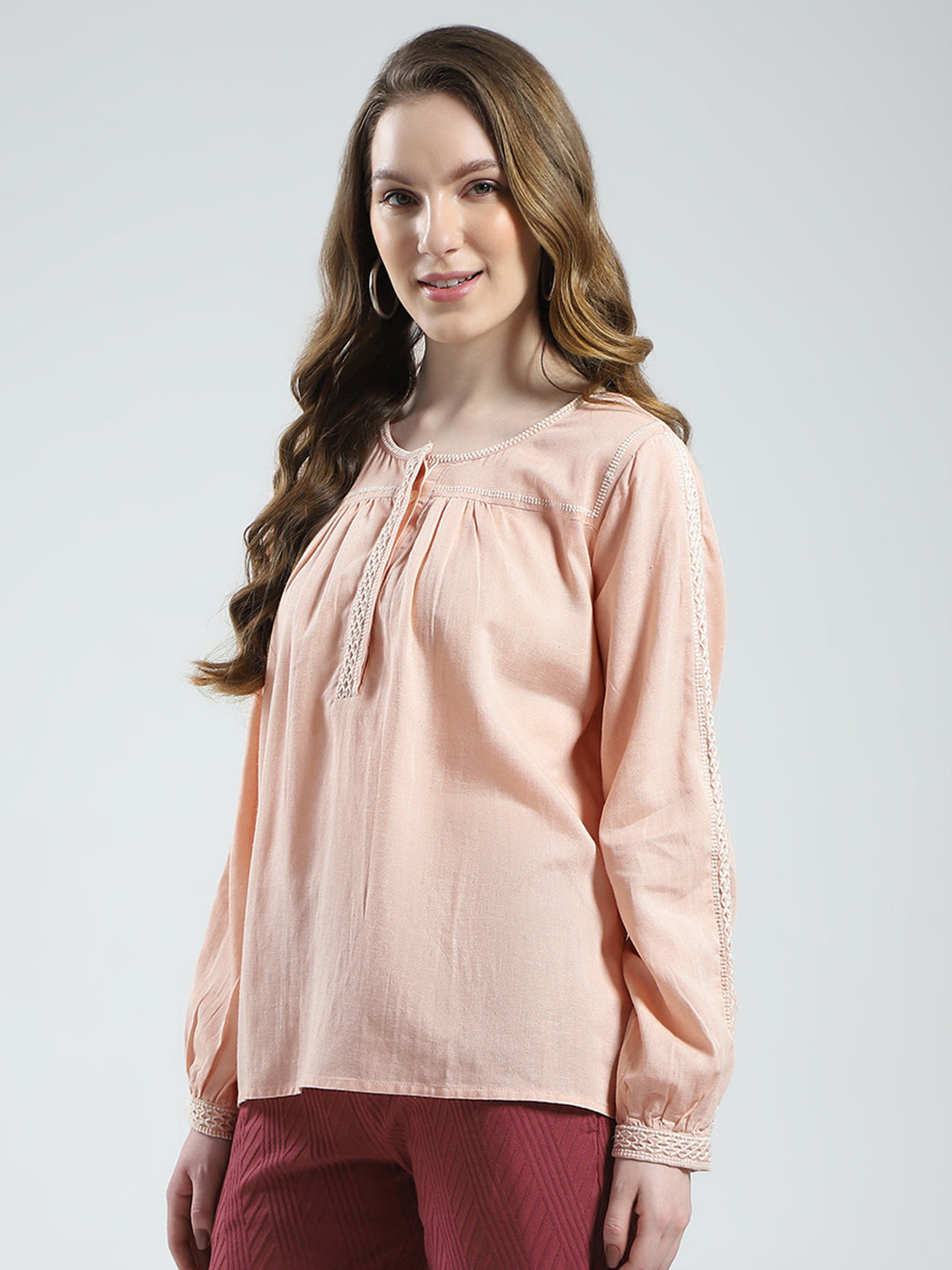 Women Pink Solid Round Neck Full Sleeve Top