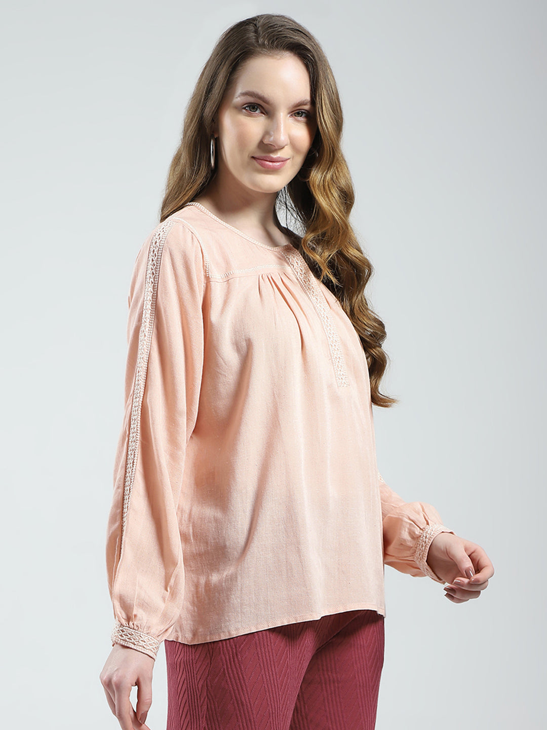 Women Pink Solid Round Neck Full Sleeve Top