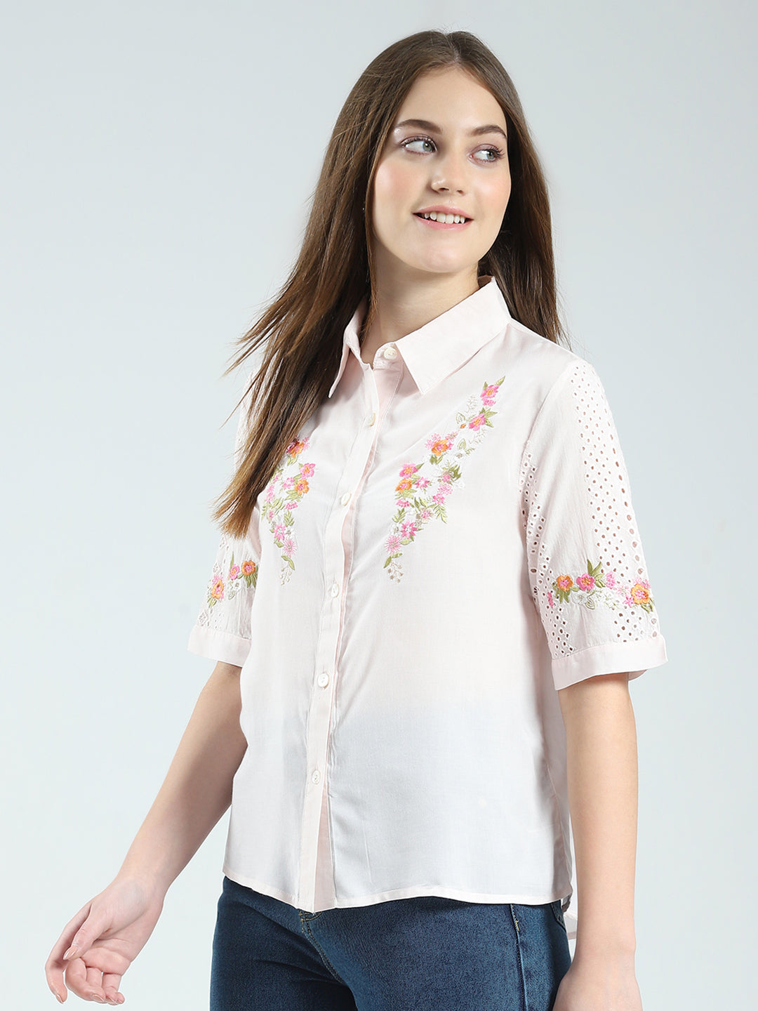 Women Pink Printed Collar Half Sleeve Top