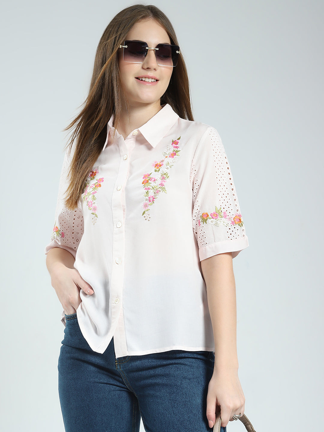 Women Pink Printed Collar Half Sleeve Top