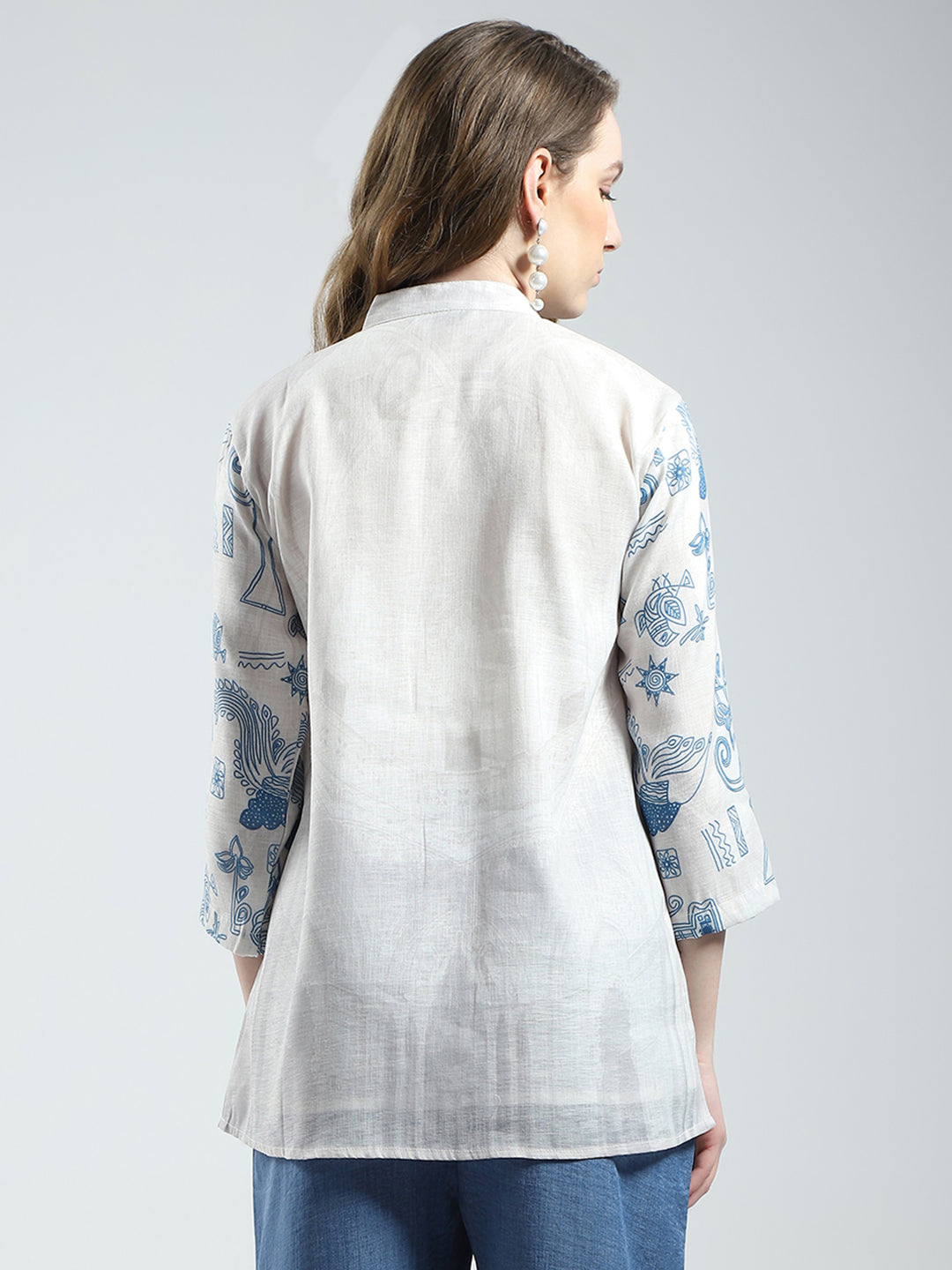 Women White Printed Band Collar 3/4th Sleeve Top