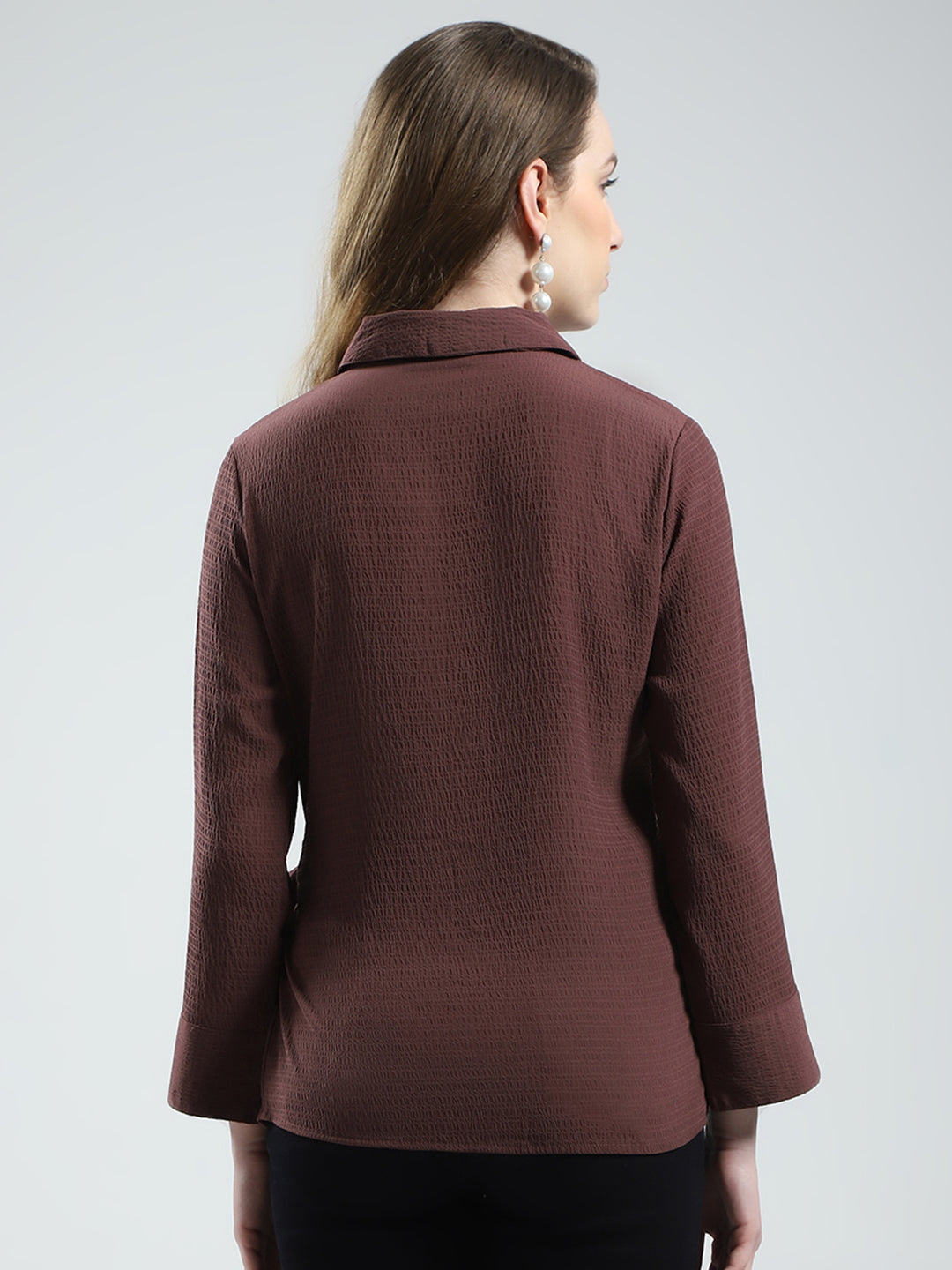 Women Brown Solid Collar 3/4th Sleeve Top