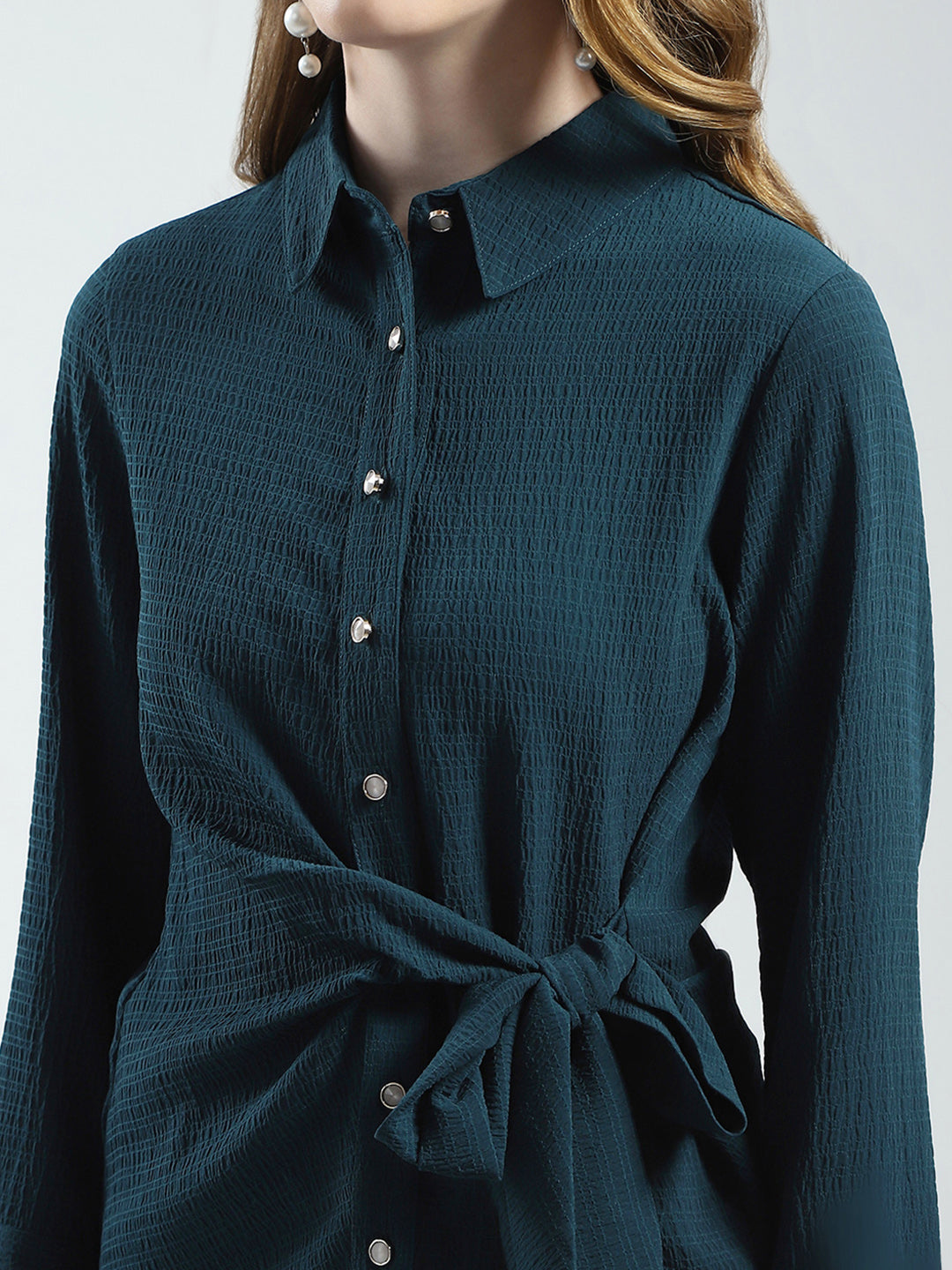 Women Teal Blue Solid Collar 3/4th Sleeve Top