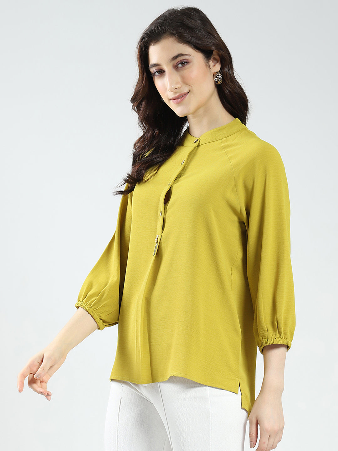 Women Mustard Solid Band Neck 3/4th Sleeve Top
