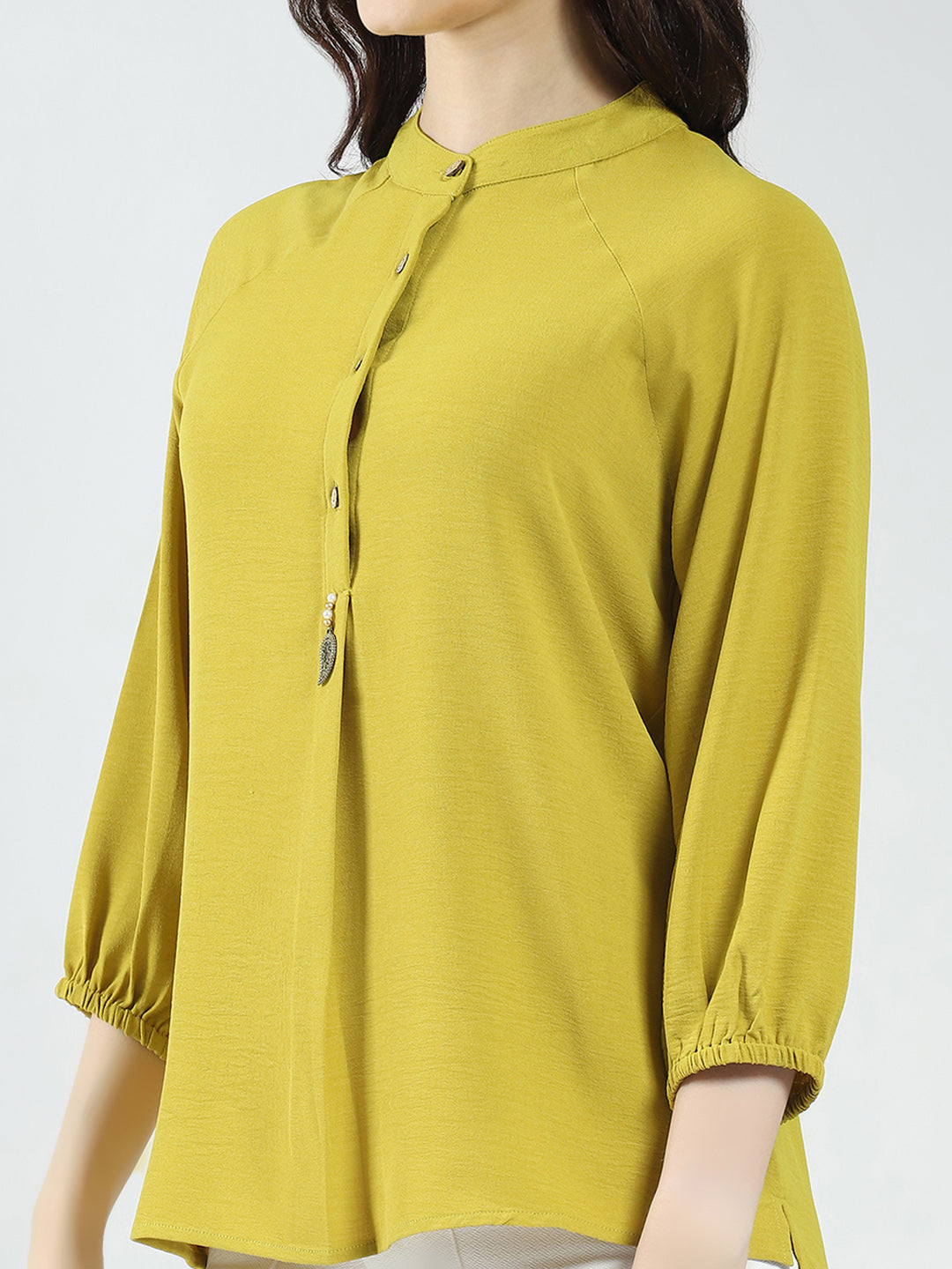 Women Mustard Solid Band Neck 3/4th Sleeve Top