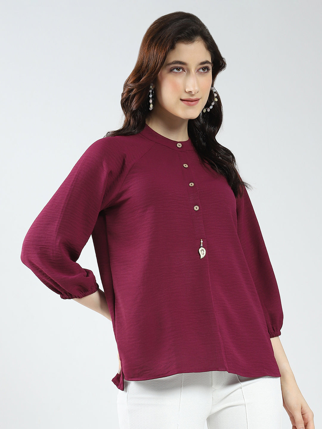 Women Maroon Solid Band Neck 3/4th Sleeve Top