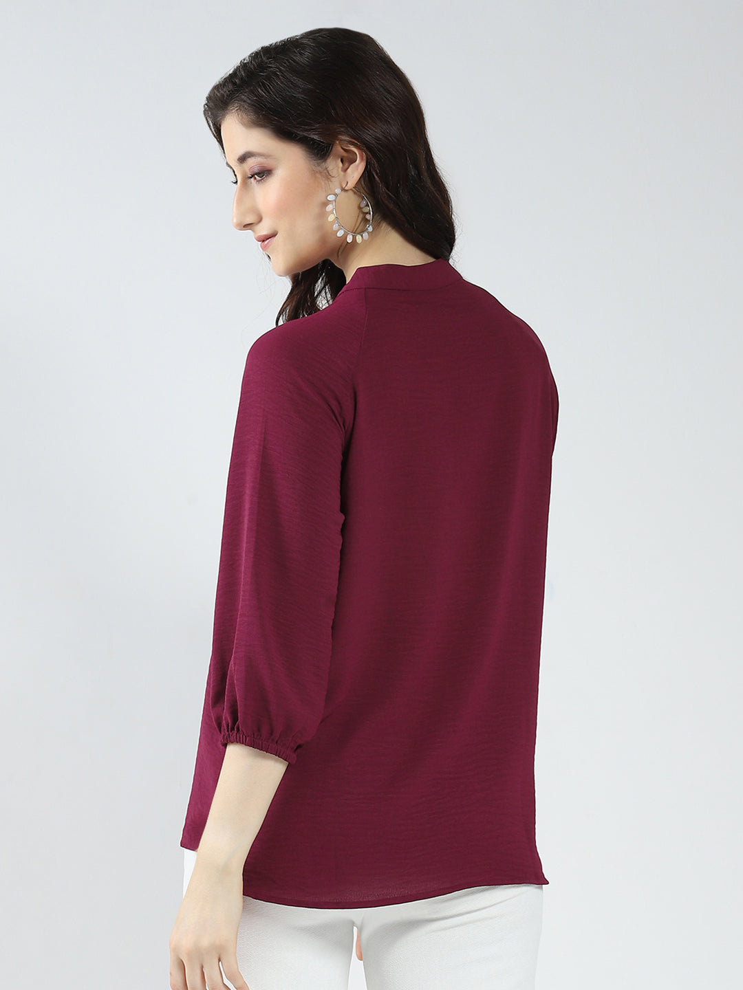 Women Maroon Solid Band Neck 3/4th Sleeve Top