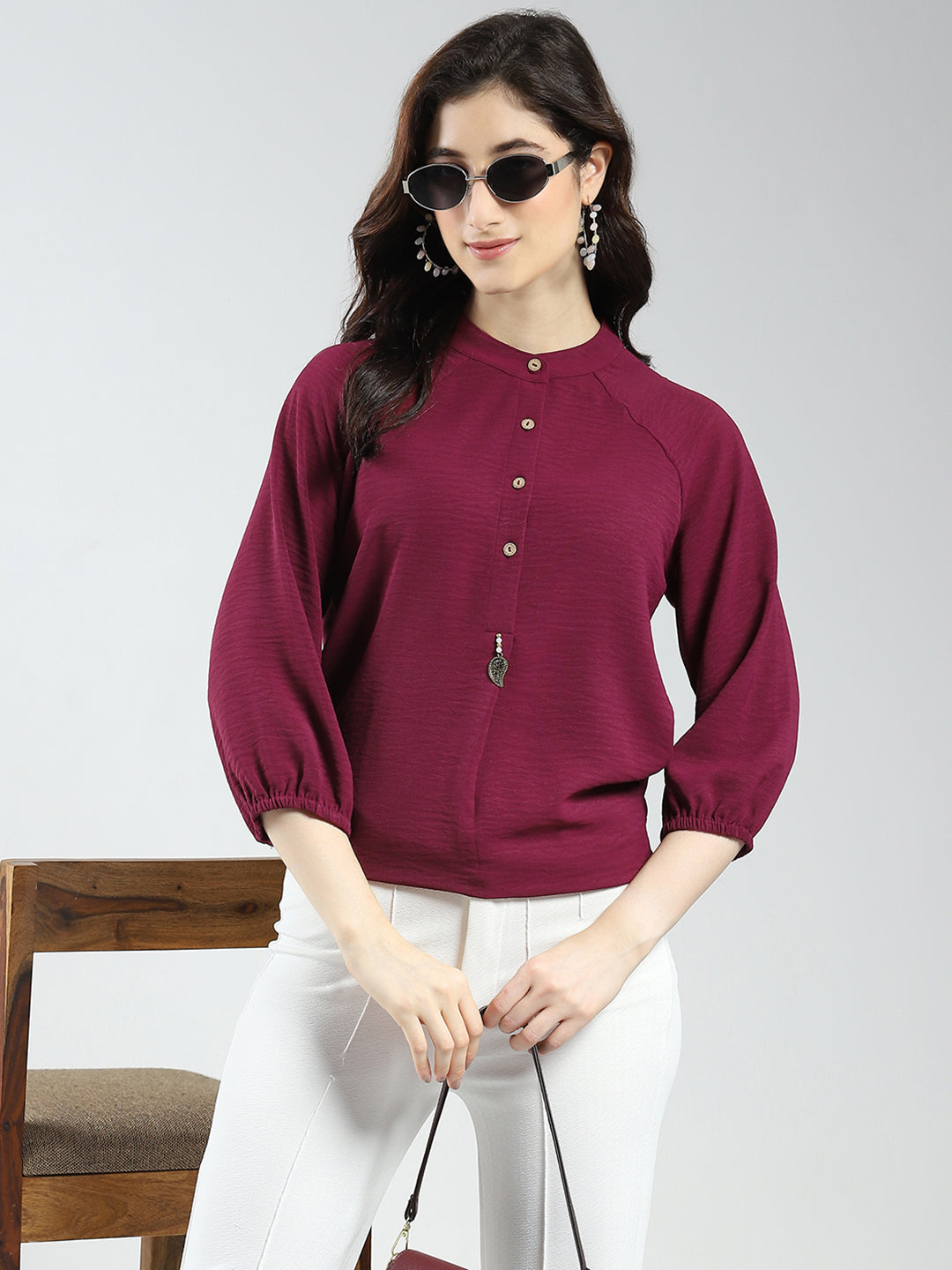 Women Maroon Solid Band Neck 3/4th Sleeve Top