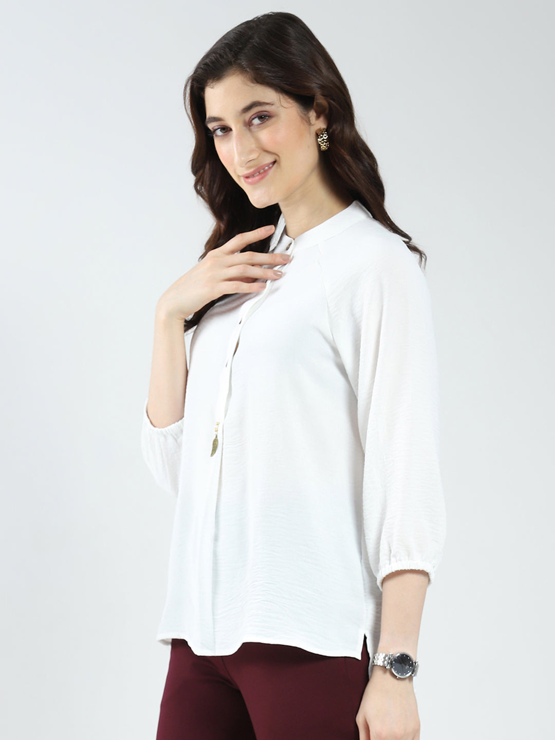 Women White Solid Band Neck 3/4th Sleeve Top