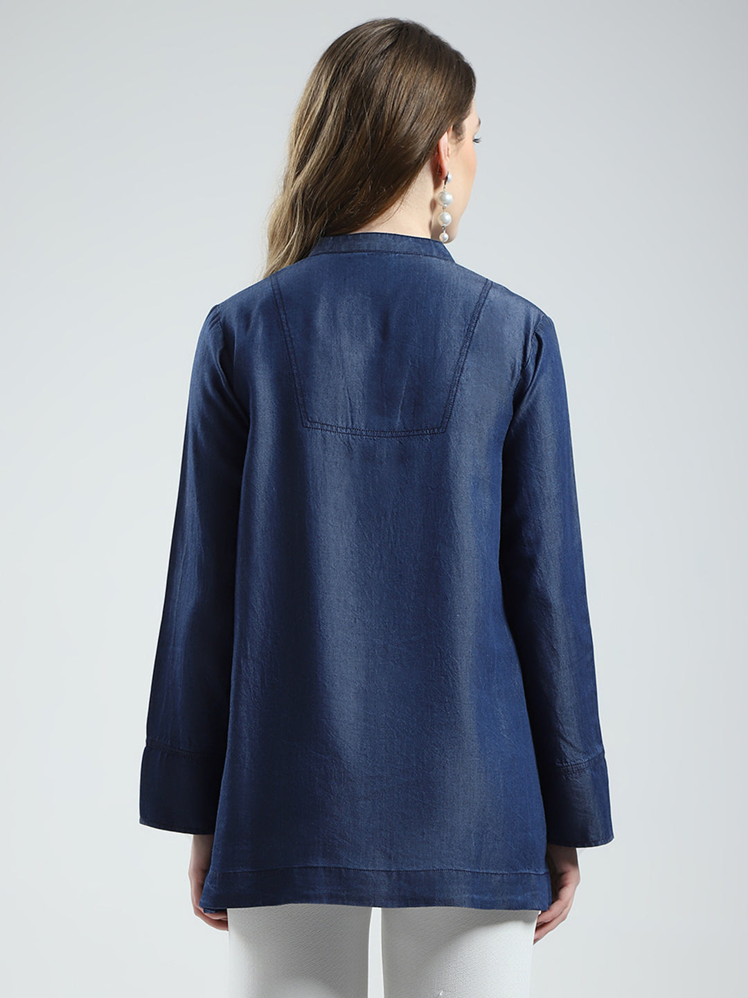 Women Blue Solid Band Collar Full Sleeve Top