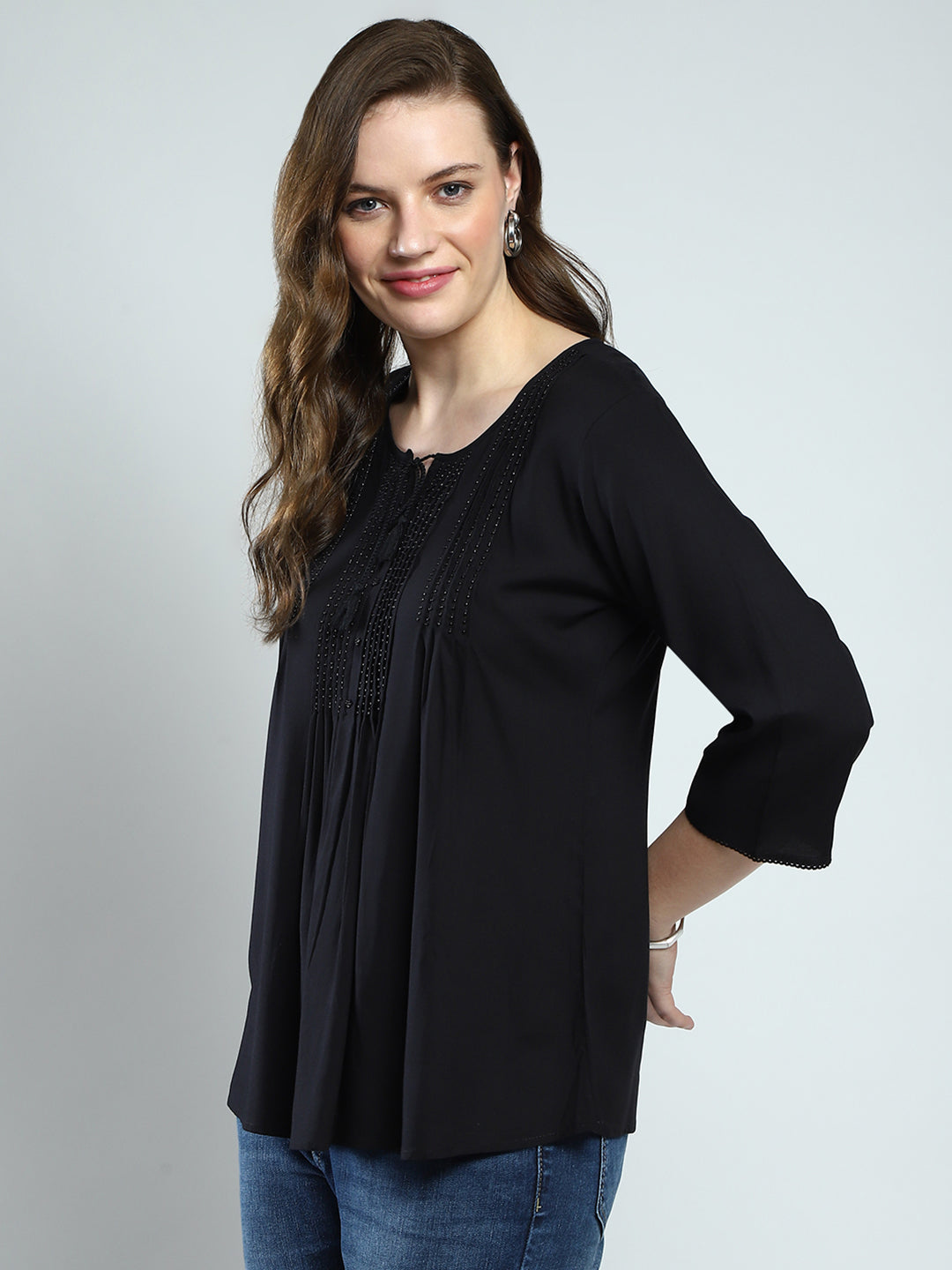 Women Black Self Design Round Neck 3/4th Sleeve Top