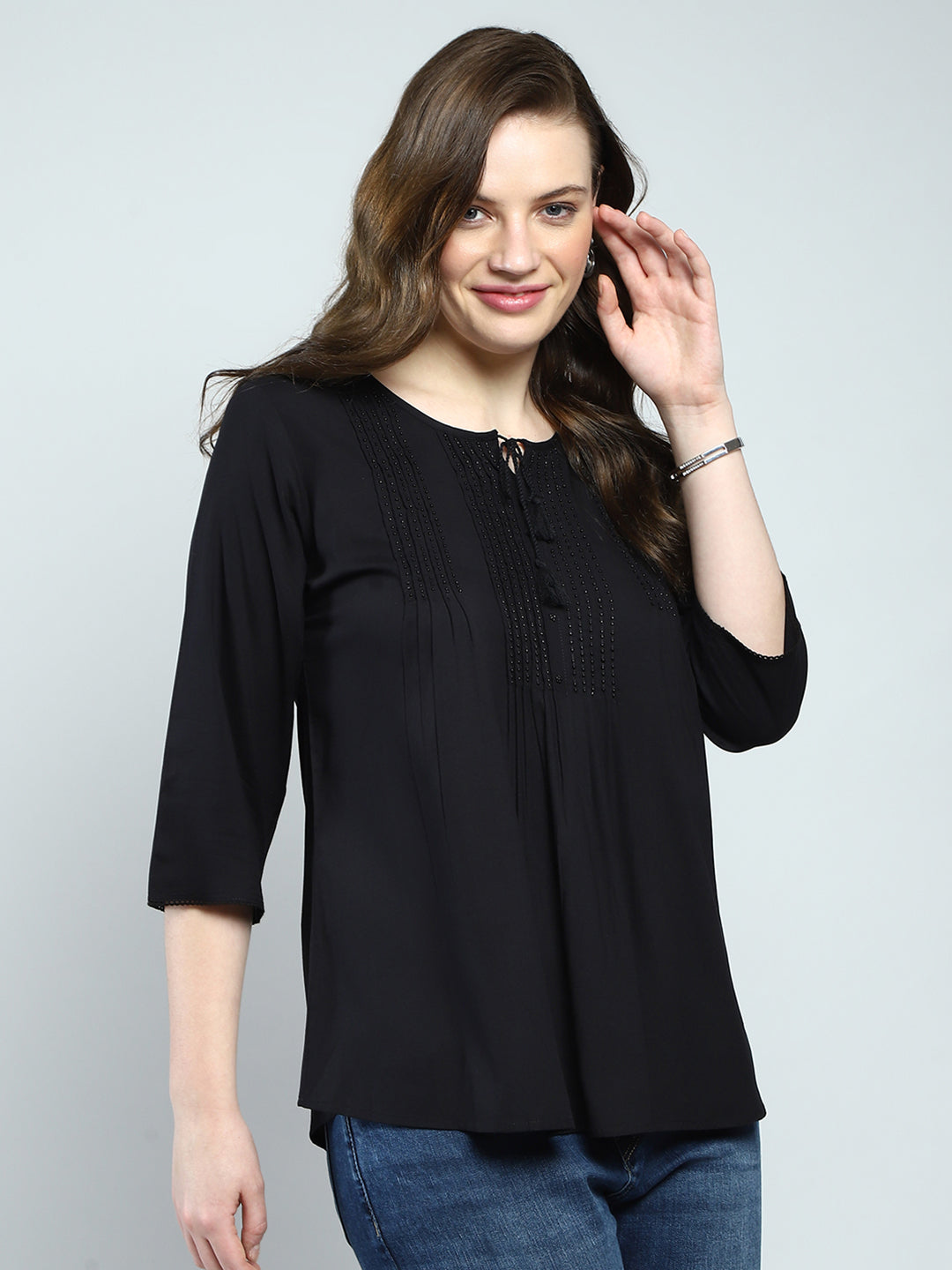 Women Black Self Design Round Neck 3/4th Sleeve Top