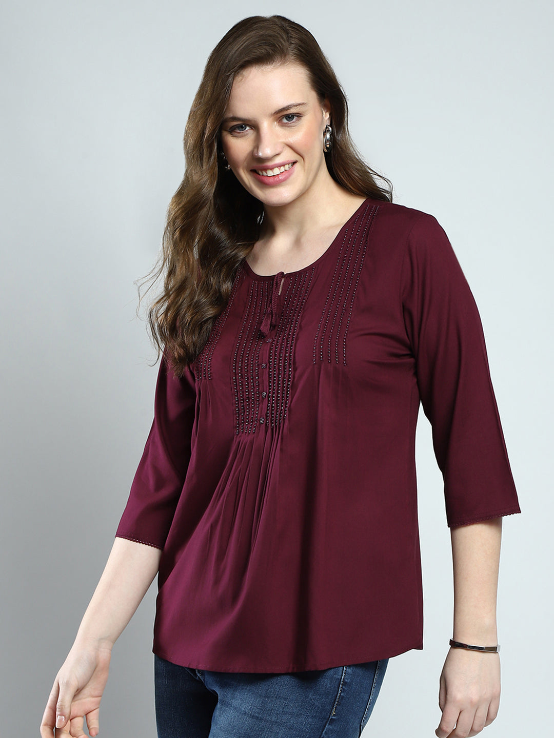 Women Maroon Self Design Round Neck 3/4th Sleeve Top