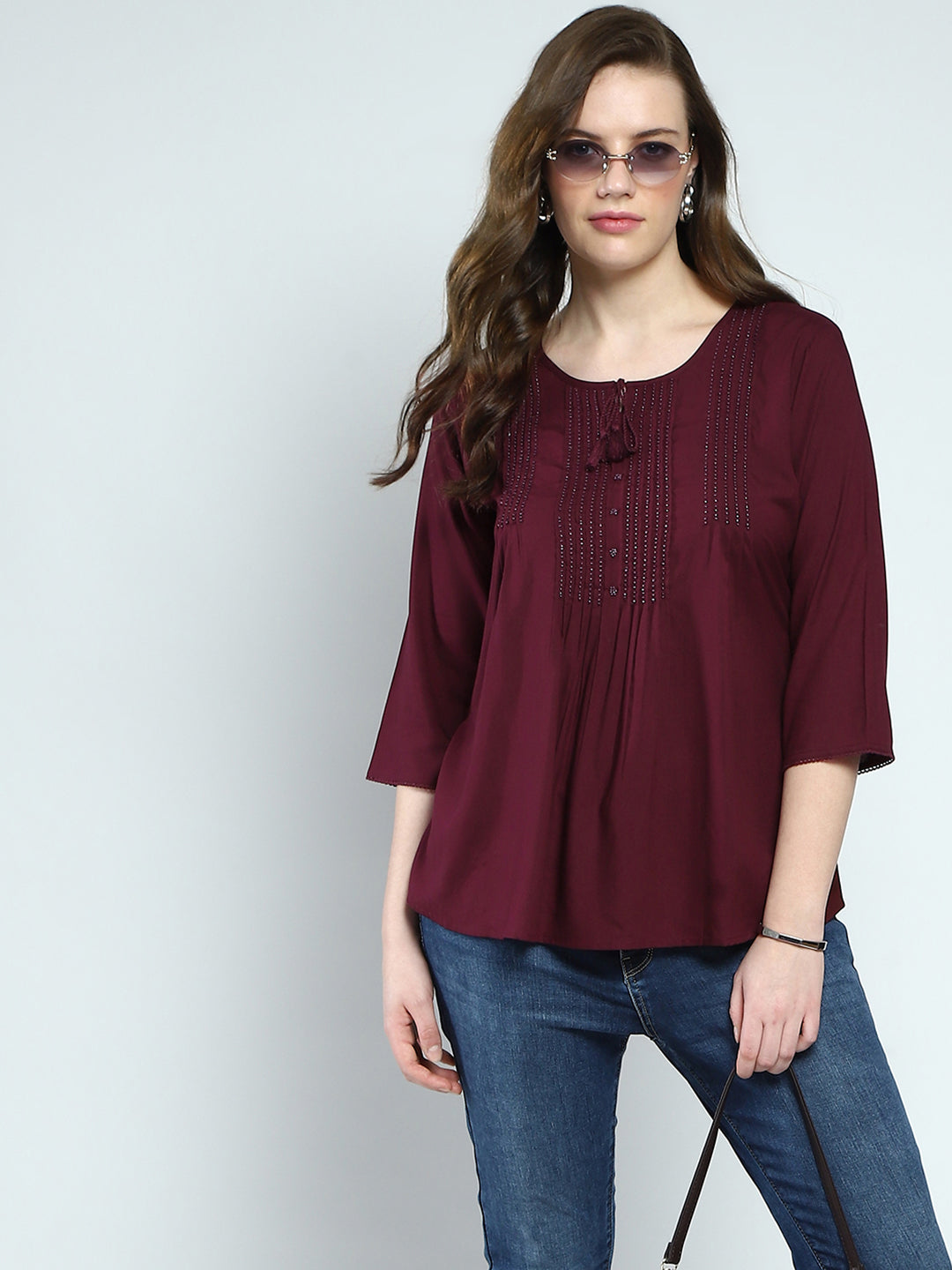 Women Maroon Self Design Round Neck 3/4th Sleeve Top