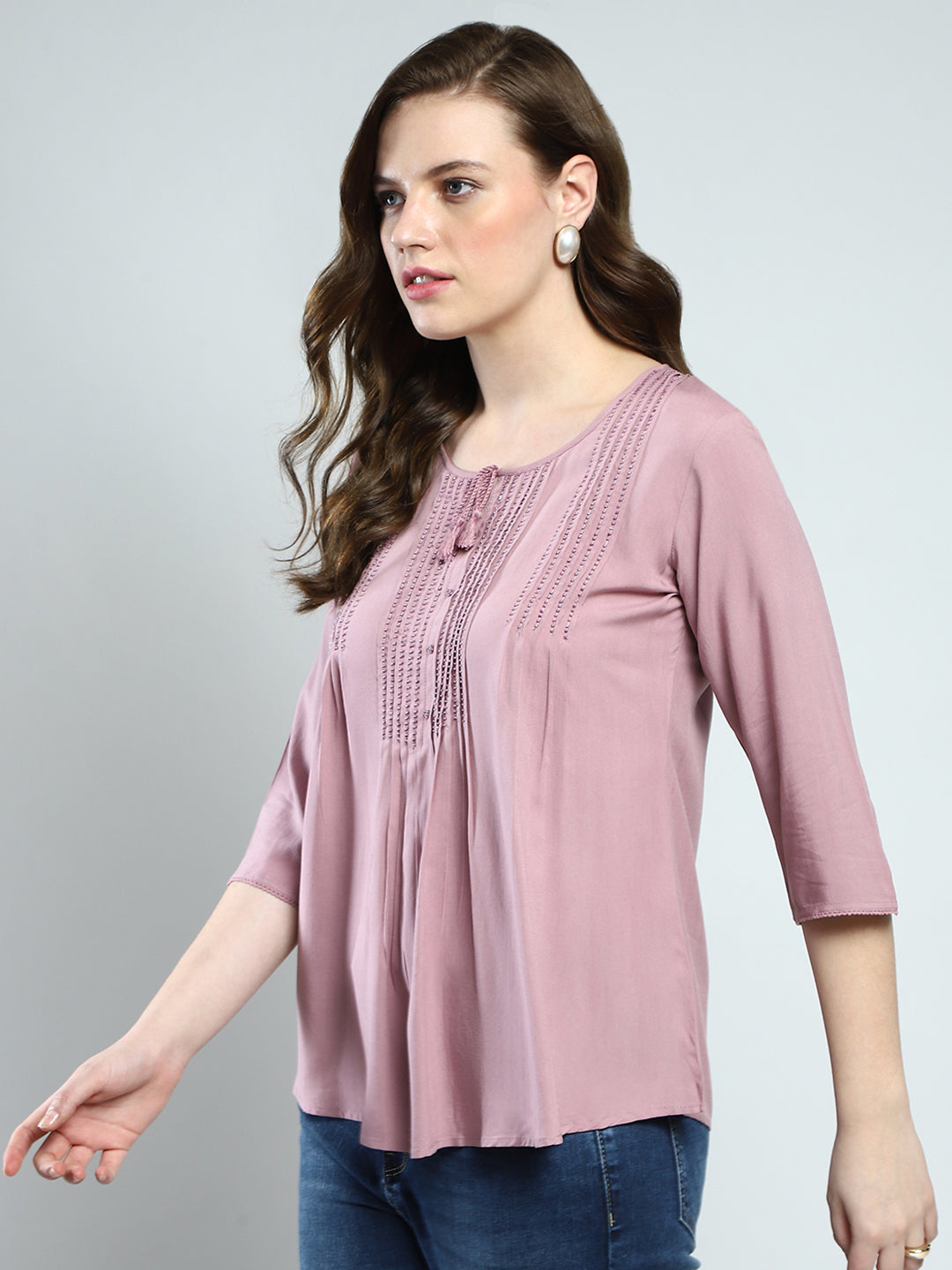 Women Pink Self Design Round Neck 3/4th Sleeve Top