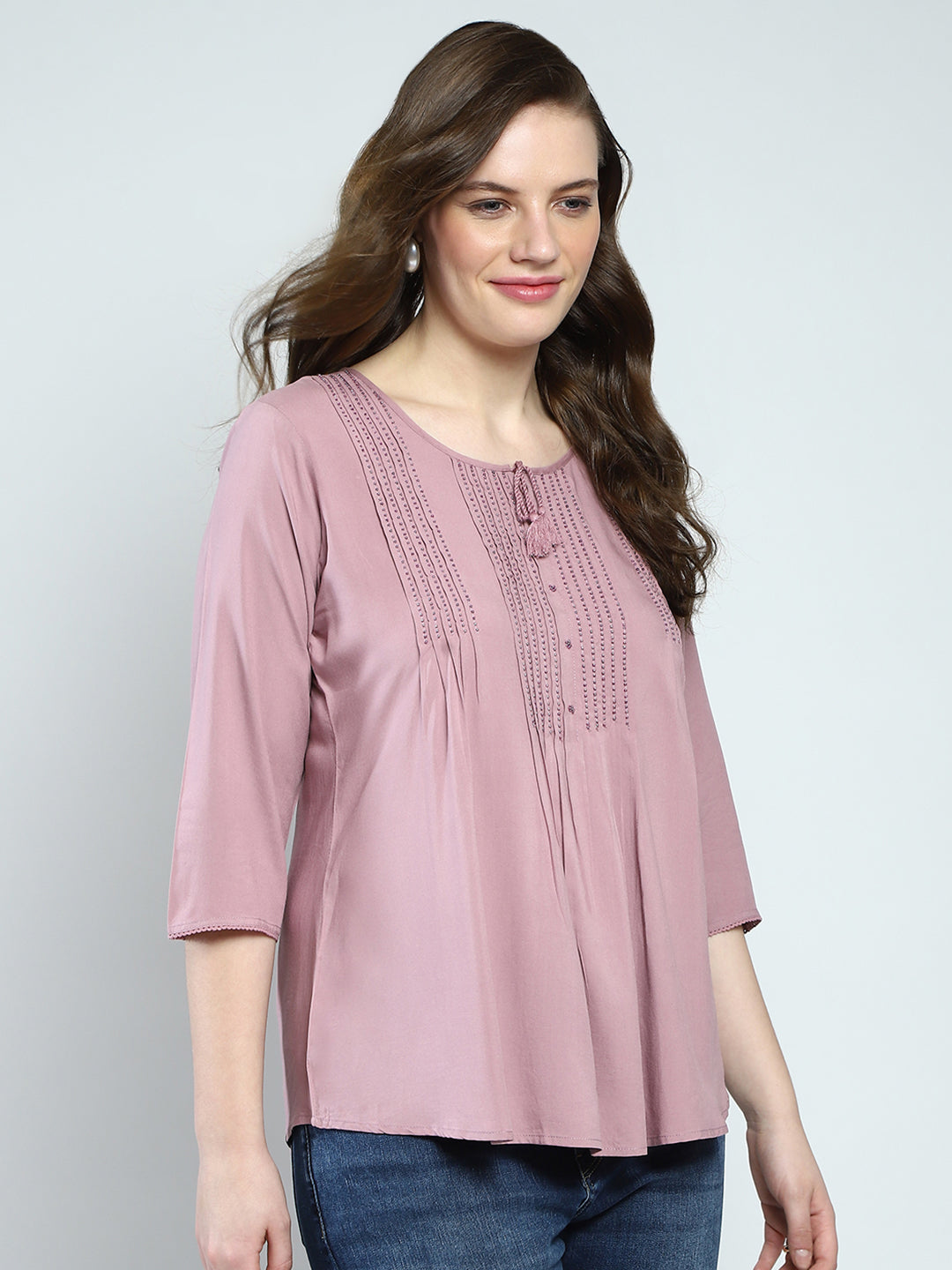 Women Pink Self Design Round Neck 3/4th Sleeve Top