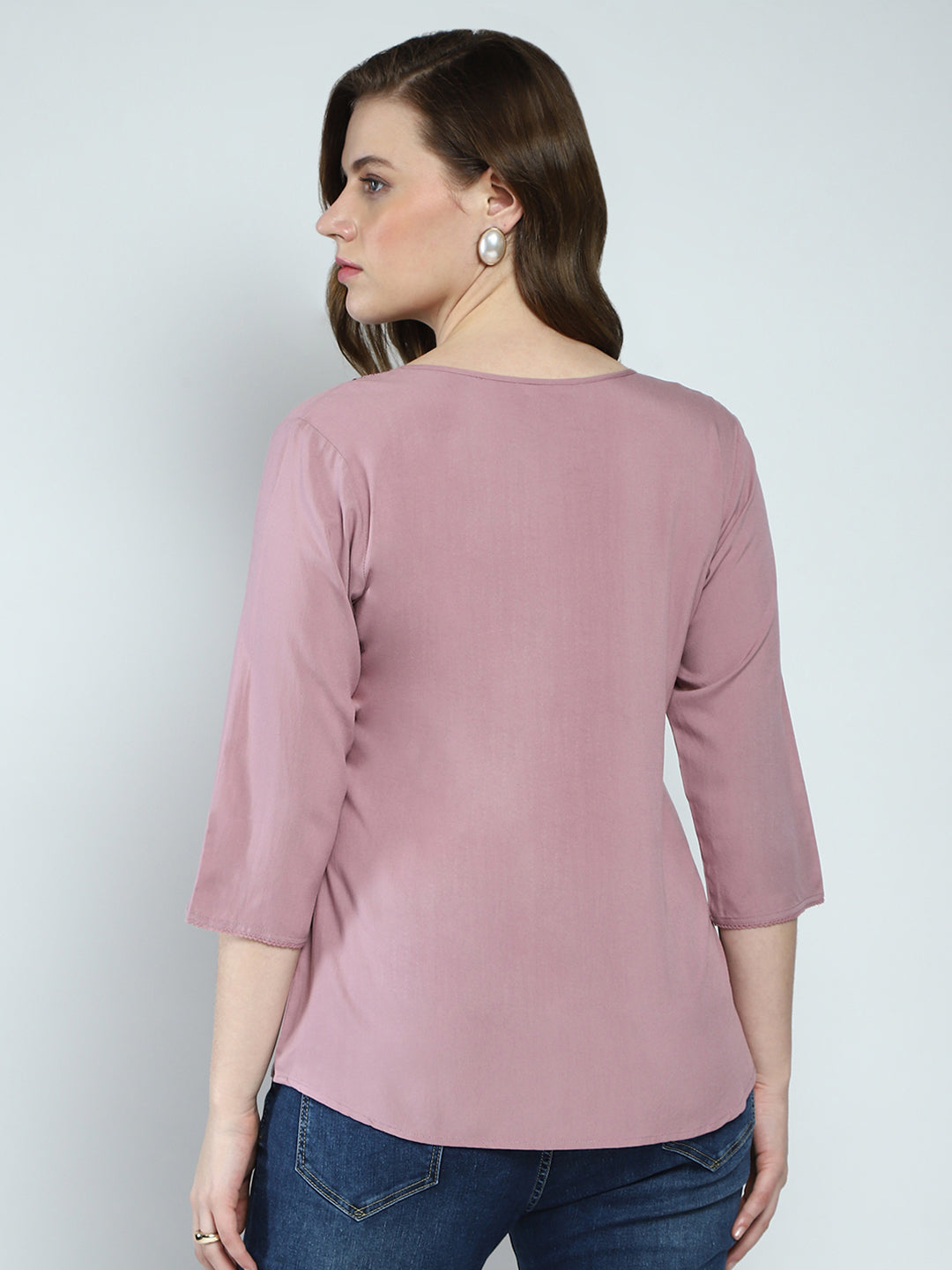 Women Pink Self Design Round Neck 3/4th Sleeve Top