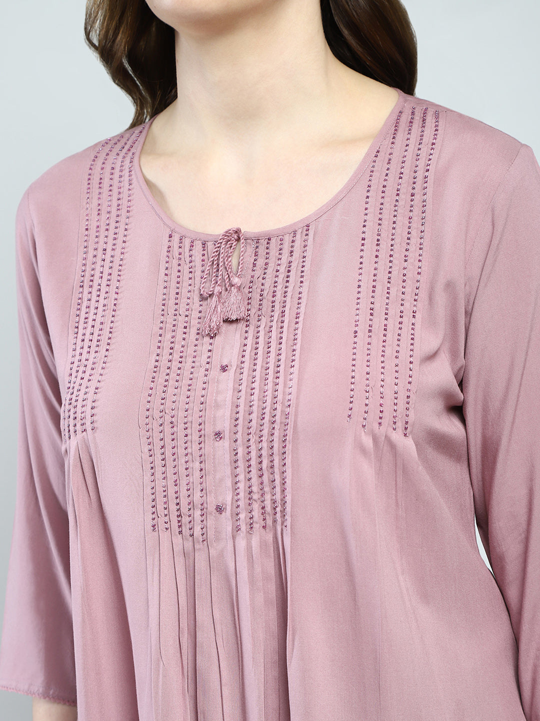 Women Pink Self Design Round Neck 3/4th Sleeve Top