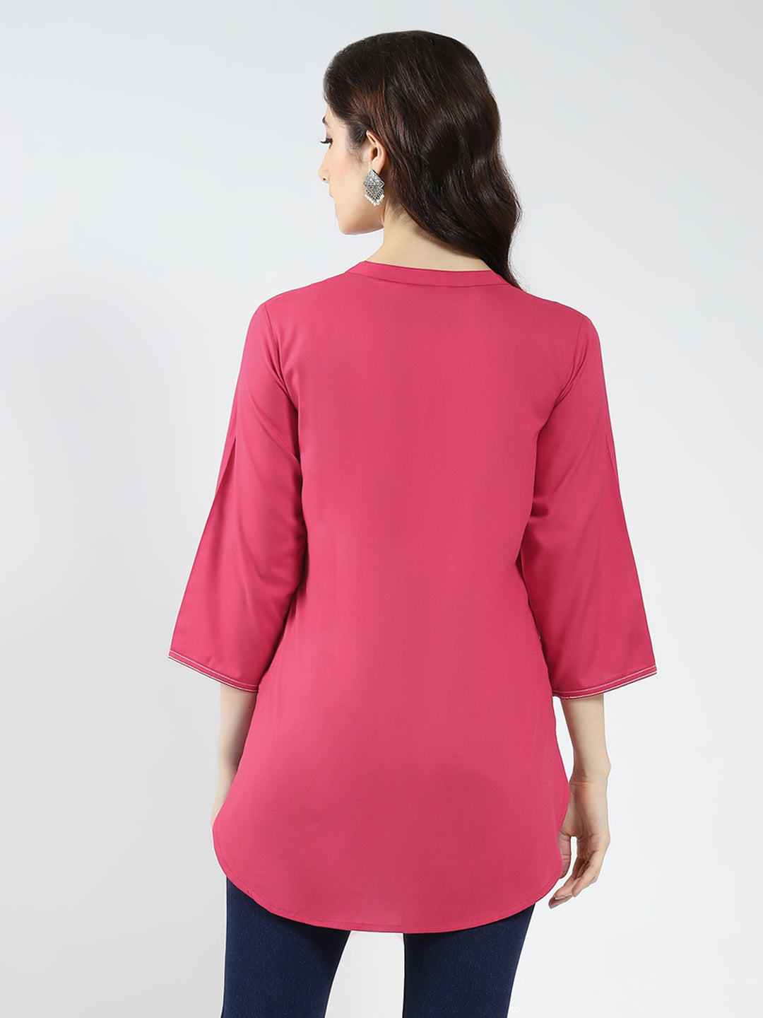 Women Pink Embroidered Band Neck 3/4th Sleeve Top