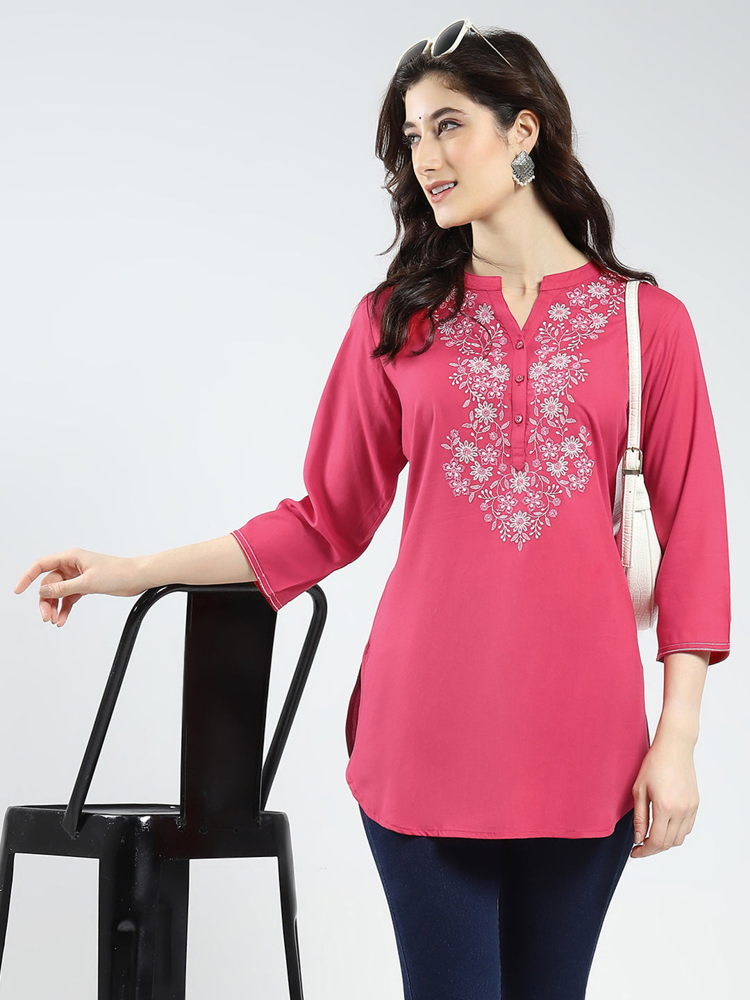 Women Pink Embroidered Band Neck 3/4th Sleeve Top