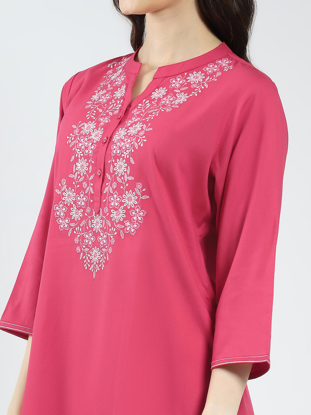 Women Pink Embroidered Band Neck 3/4th Sleeve Top